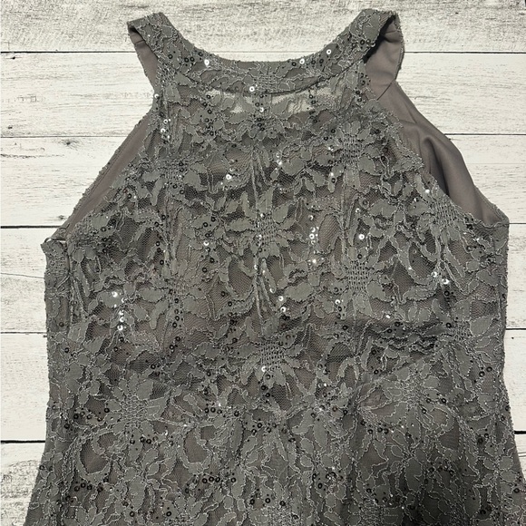 R & M Richards Sequin Lacey Silver Gown - Picture 3 of 9